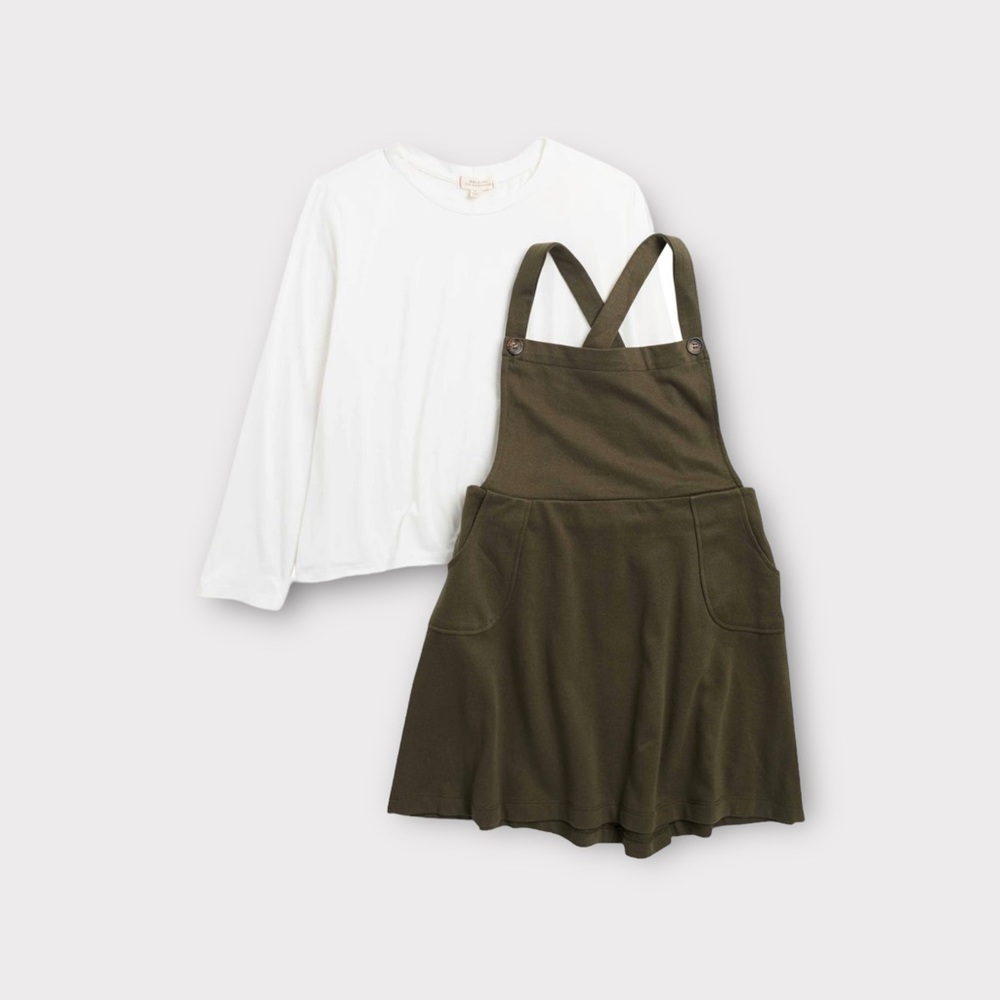 Walking On Sunshine Knit Green Pinafore Dress & White Long Sleeve Shirt Outfit